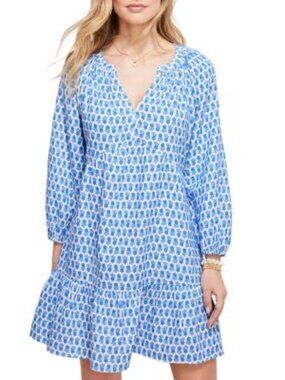 Womens Vineyard Vines Seastitch Floral Block Print Dress Blue White Cotton sz L